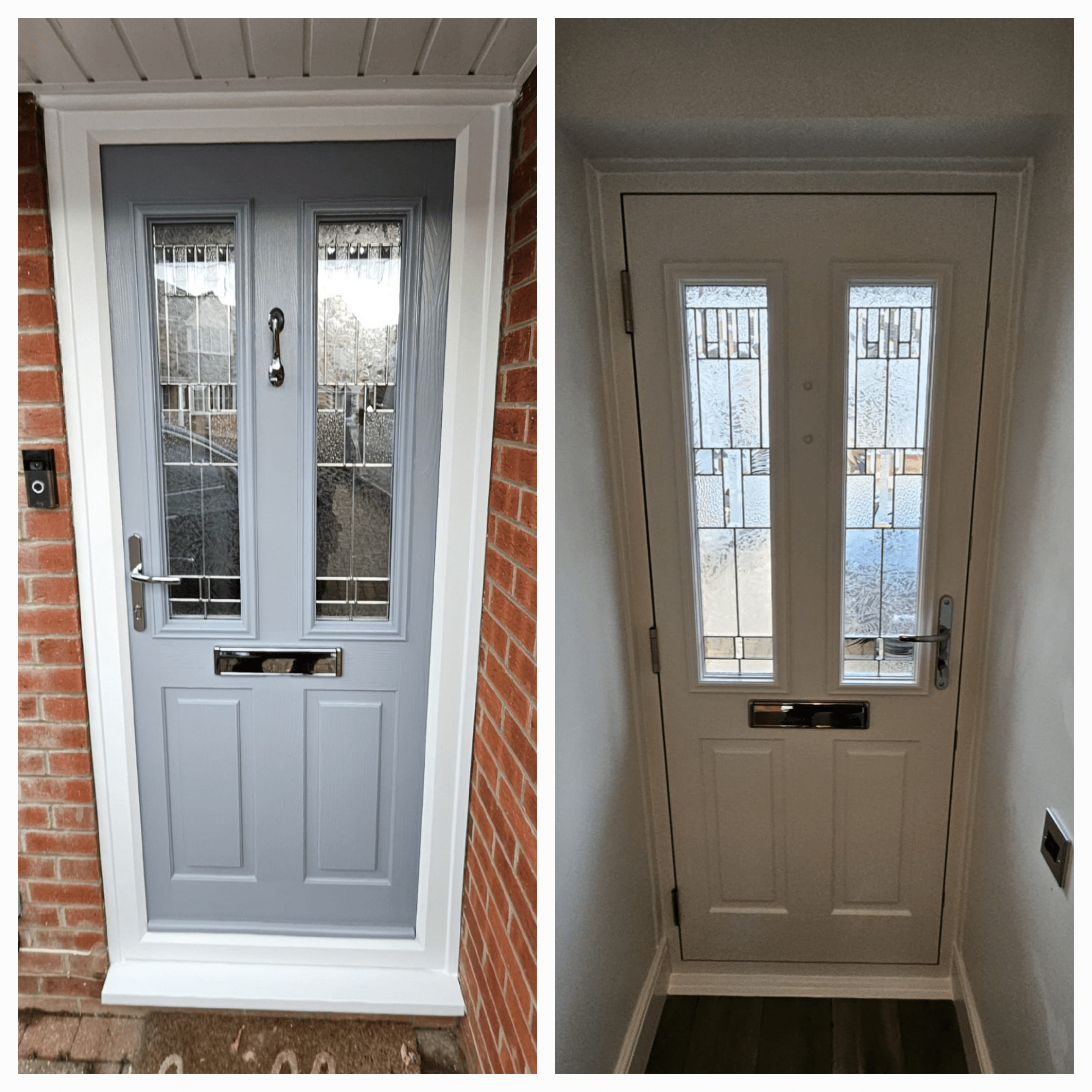 French Grey Front Composite Door with Prairie Decorative Glass inside and outside view