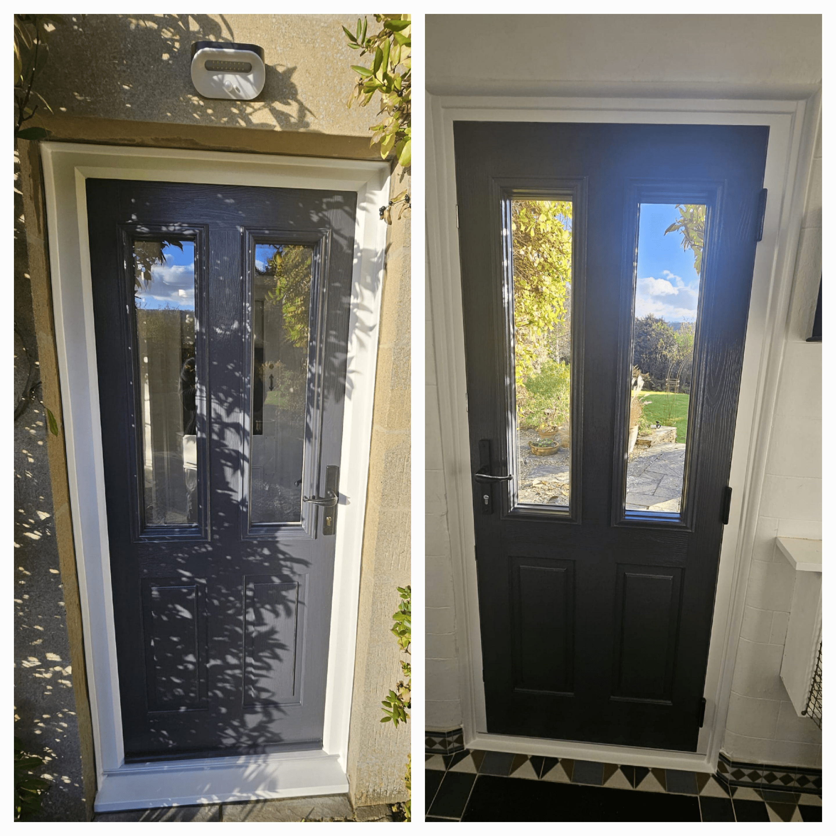 Anthracite Grey Door inside and outside view with black cottage handle and country views